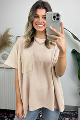 Beige Corded Knit Pocketed Loose Fit T Shirt from MsDressly