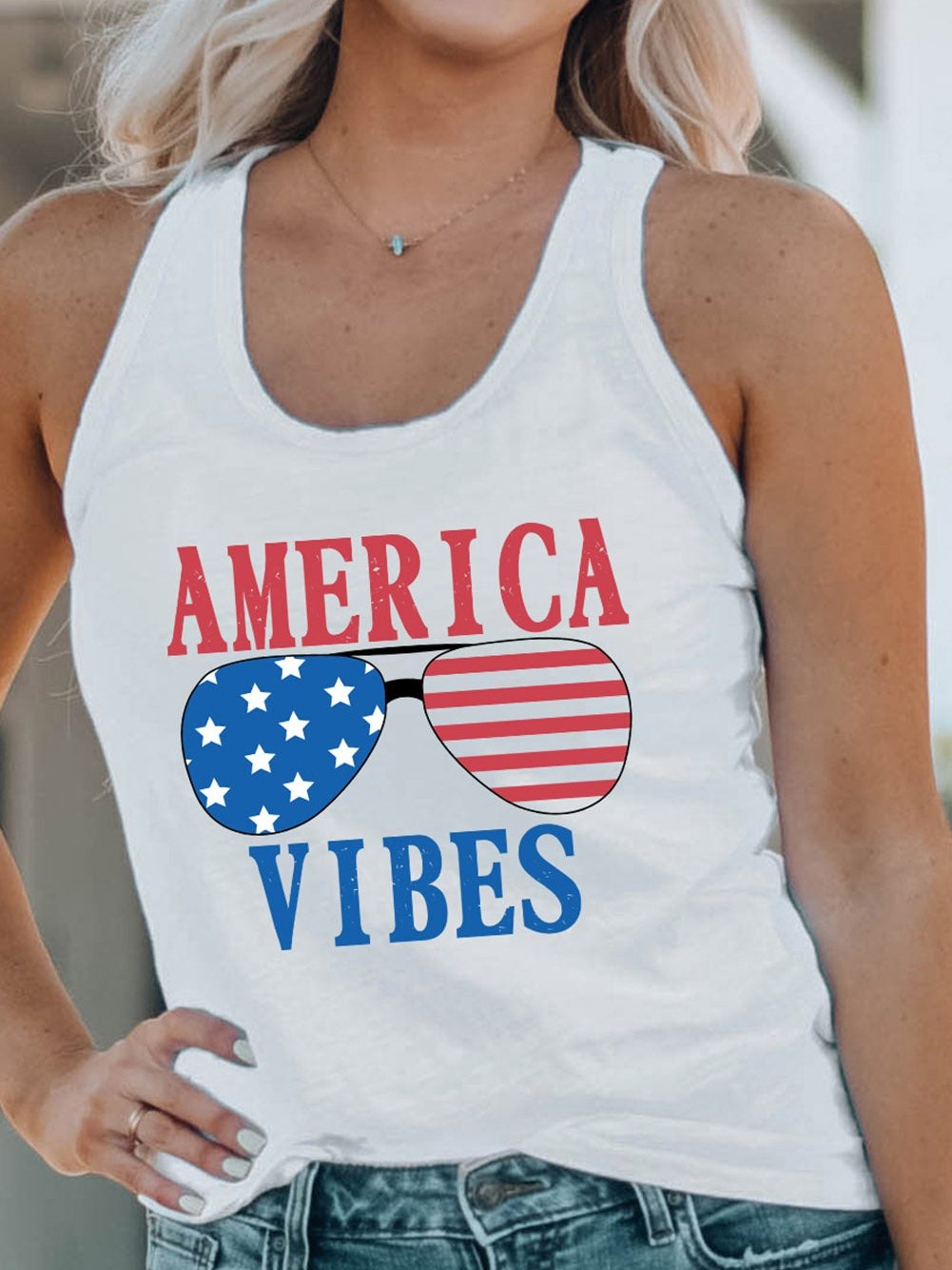 American Flag Print Graphic Sunglasses White Tank Top From MsDressly