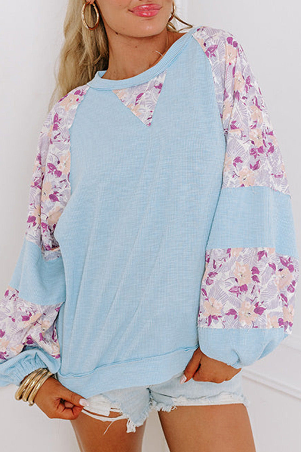 Beau Blue Textured Floral Patchwork Balloon Sleeve Blouse from MsDressly