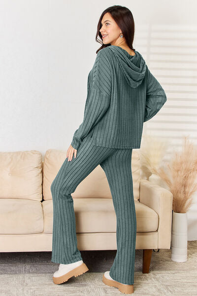 Basic Bae Full Size Ribbed Drawstring Hooded Top and Straight Pants Set from Enfance-Heureuse
