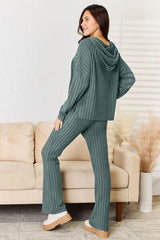 Basic Bae Full Size Ribbed Drawstring Hooded Top and Straight Pants Set from Enfance-Heureuse