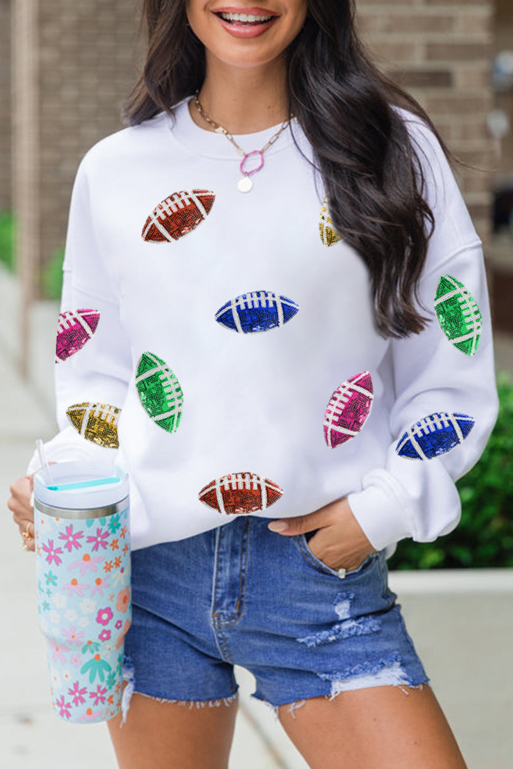 Beige Sequined Rugby Football Pattern O Neck Game Day Sweatshirt from MsDressly