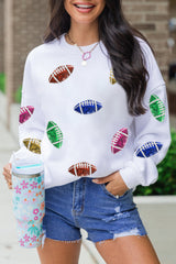 Beige Sequined Rugby Football Pattern O Neck Game Day Sweatshirt from MsDressly
