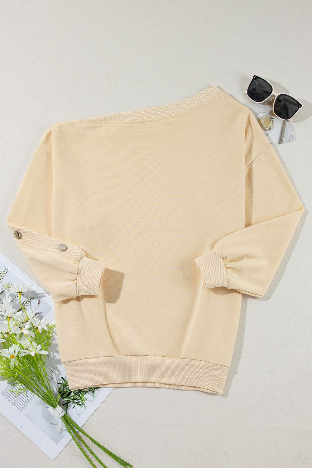 Beige Buttoned Sleeve Dropped Shoulder Sweatshirt from MsDressly
