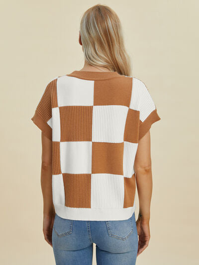 Double Take Full Size Checkered Round Neck Short Sleeve Sweater from Enfance-Heureuse