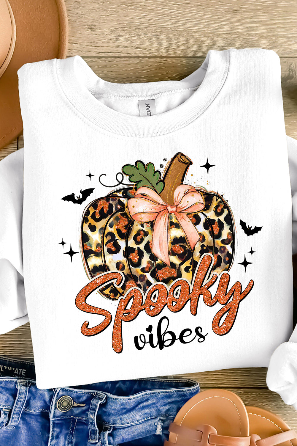 Beige Spooky Leopard Pumpkin Print Crew Neck Sweatshirt from MsDressly