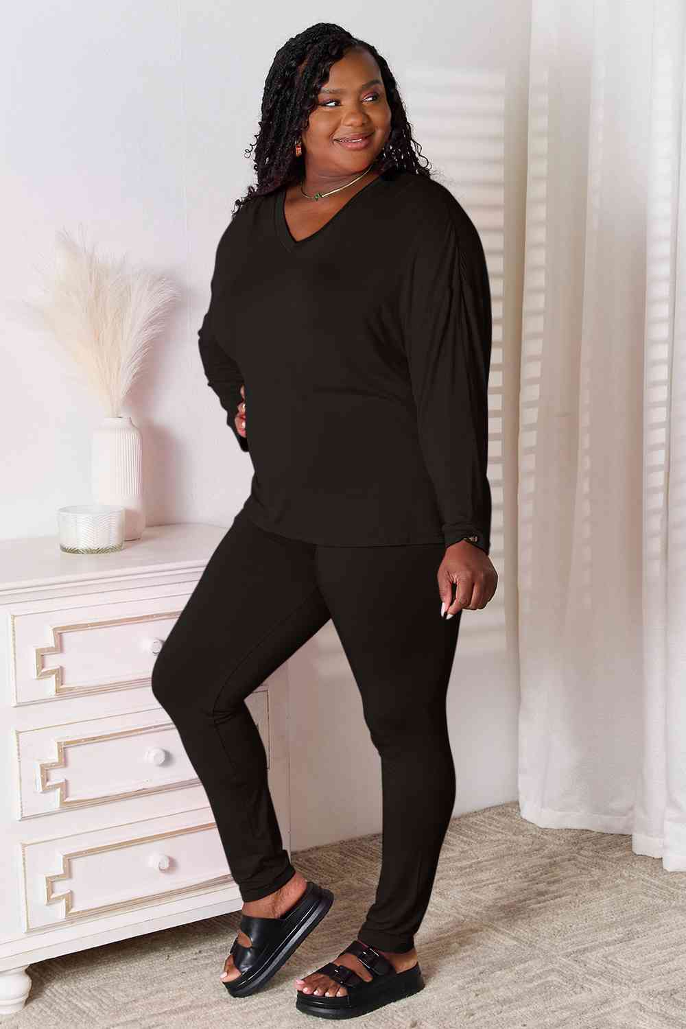 Basic Bae Full Size V-Neck Soft Rayon Long Sleeve Top and Pants Lounge Set from Enfance-Heureuse