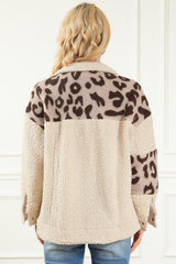 Beige Leopard Patchwork Snap Buttons Sherpa Jacket from MsDressly