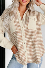 Beige Corduroy Shirt Jacket with Houndstooth Panel from MsDressly