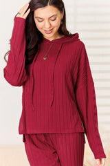 Basic Bae Full Size Ribbed Drawstring Hooded Top and Straight Pants Set from Enfance-Heureuse