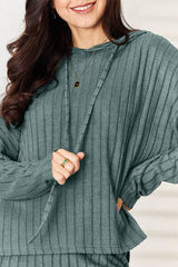Basic Bae Full Size Ribbed Drawstring Hooded Top and Straight Pants Set from Enfance-Heureuse