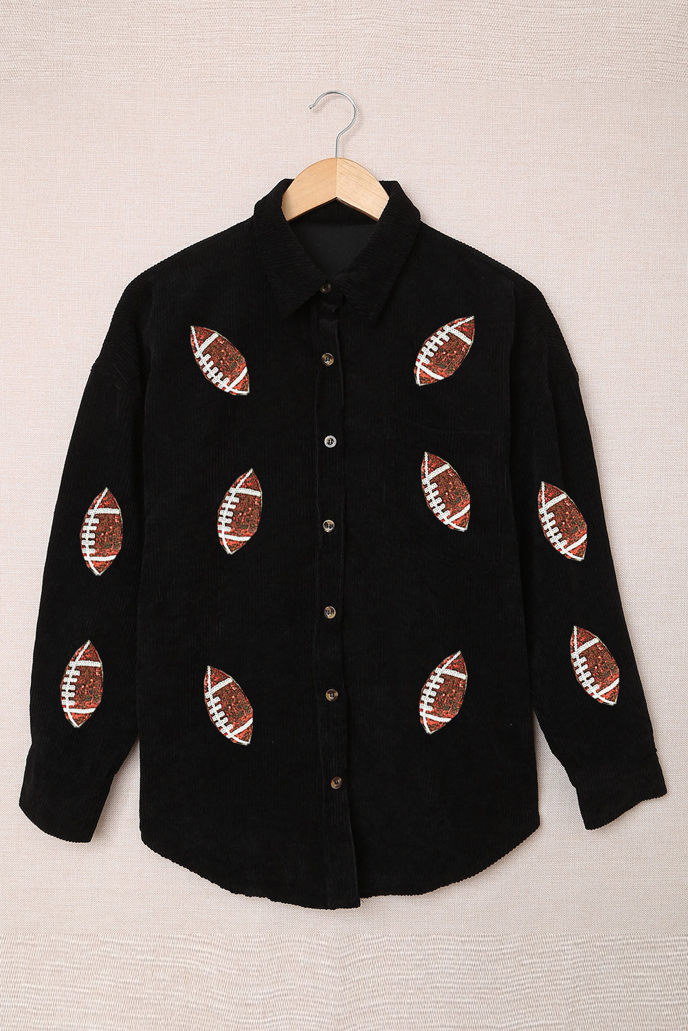 Black Sequin Rugby Pattern Buttoned Corduroy Shacket from MsDressly