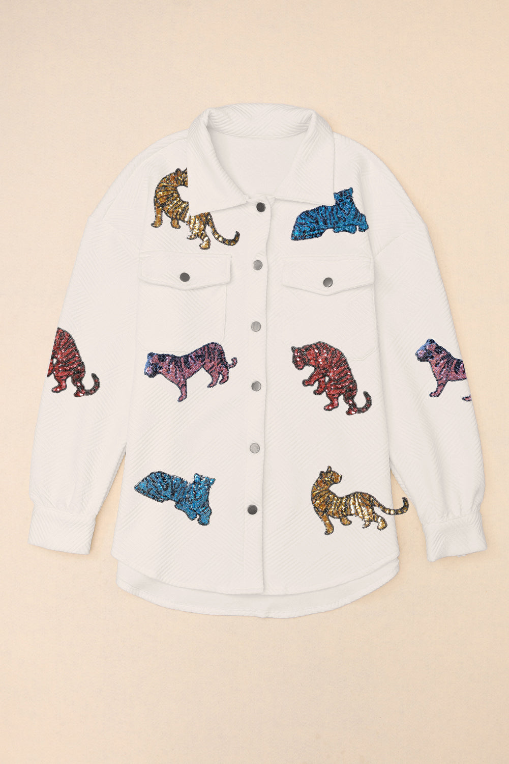 Beige Sequined Tigers Textured Shacket from MsDressly