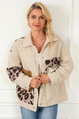 Beige Leopard Patchwork Snap Buttons Sherpa Jacket from MsDressly