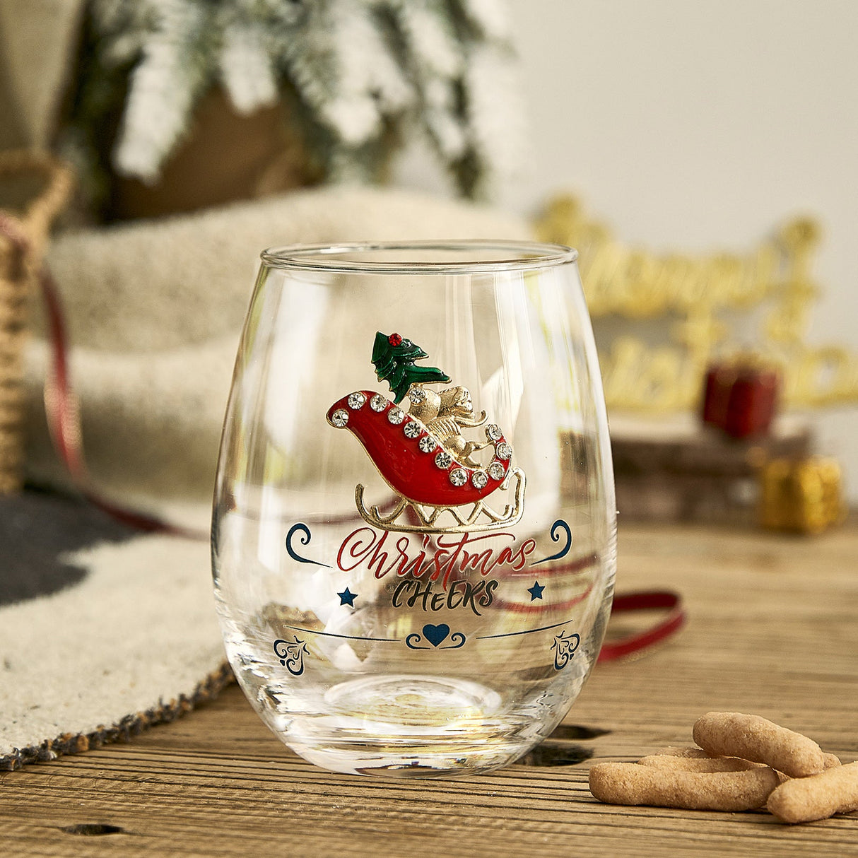 Crystal Christmas Santa's Sleigh Wine & Water Glasses - Set of 2, 17.5oz - Xmas Diamond Merry Christmas Santa Holiday Festive Theme Stemless Glass - New Year Holiday Gifts for Men Women Friend Family from The Wine Savant