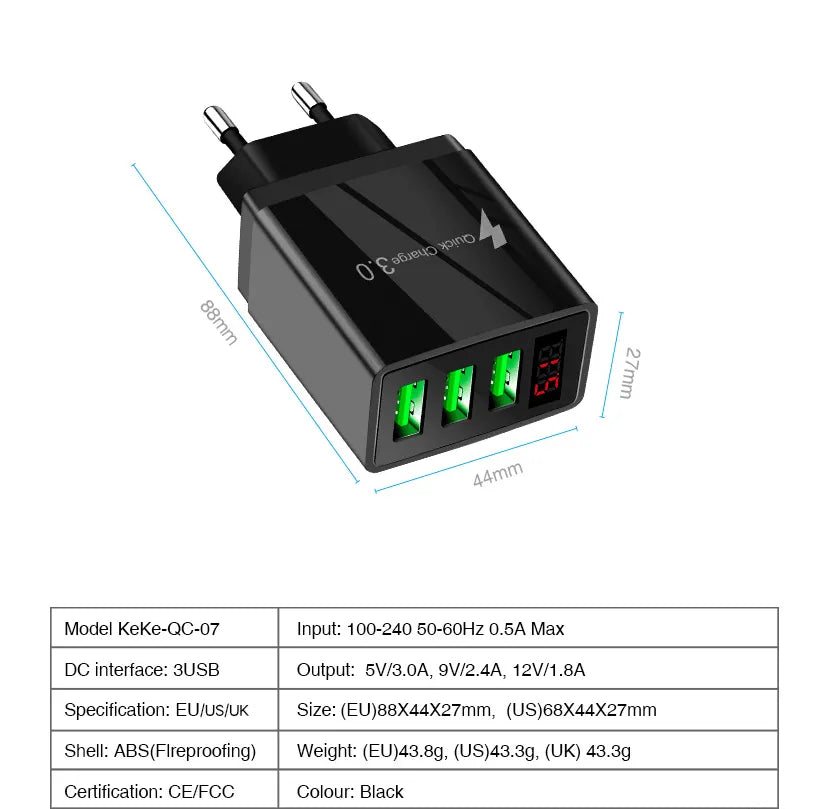 3-Port USB Quick Wall Charger with LED Voltage Display - Safe & Fast Charging from PremiumBrandGoods