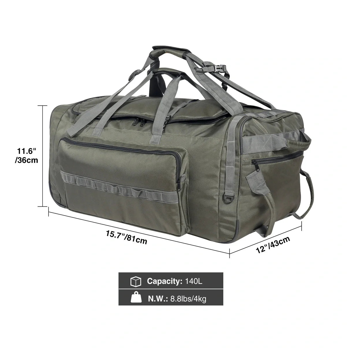 Tactical 140L Duffle Bag with Wheels and Backpack Straps