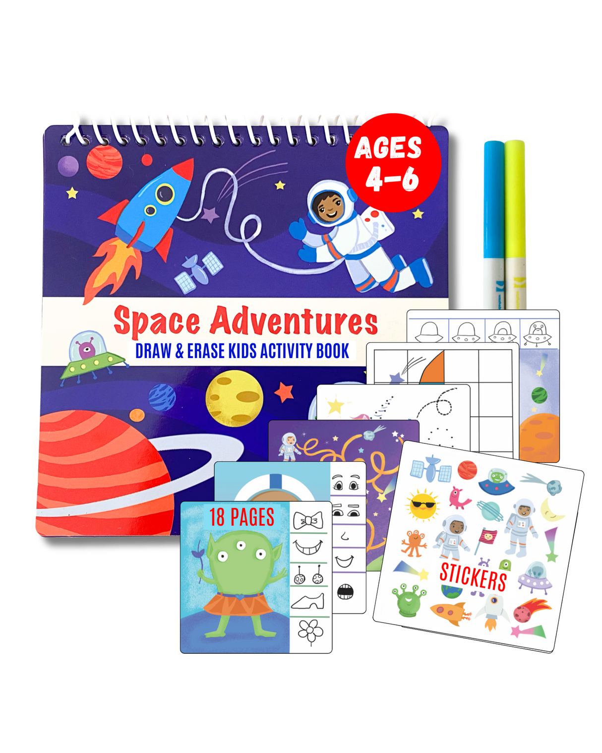 Small 7" Dry Erase Activity Book (incl. 2 Washable Markers & Reusable Stickers) from UnbuckleMe®