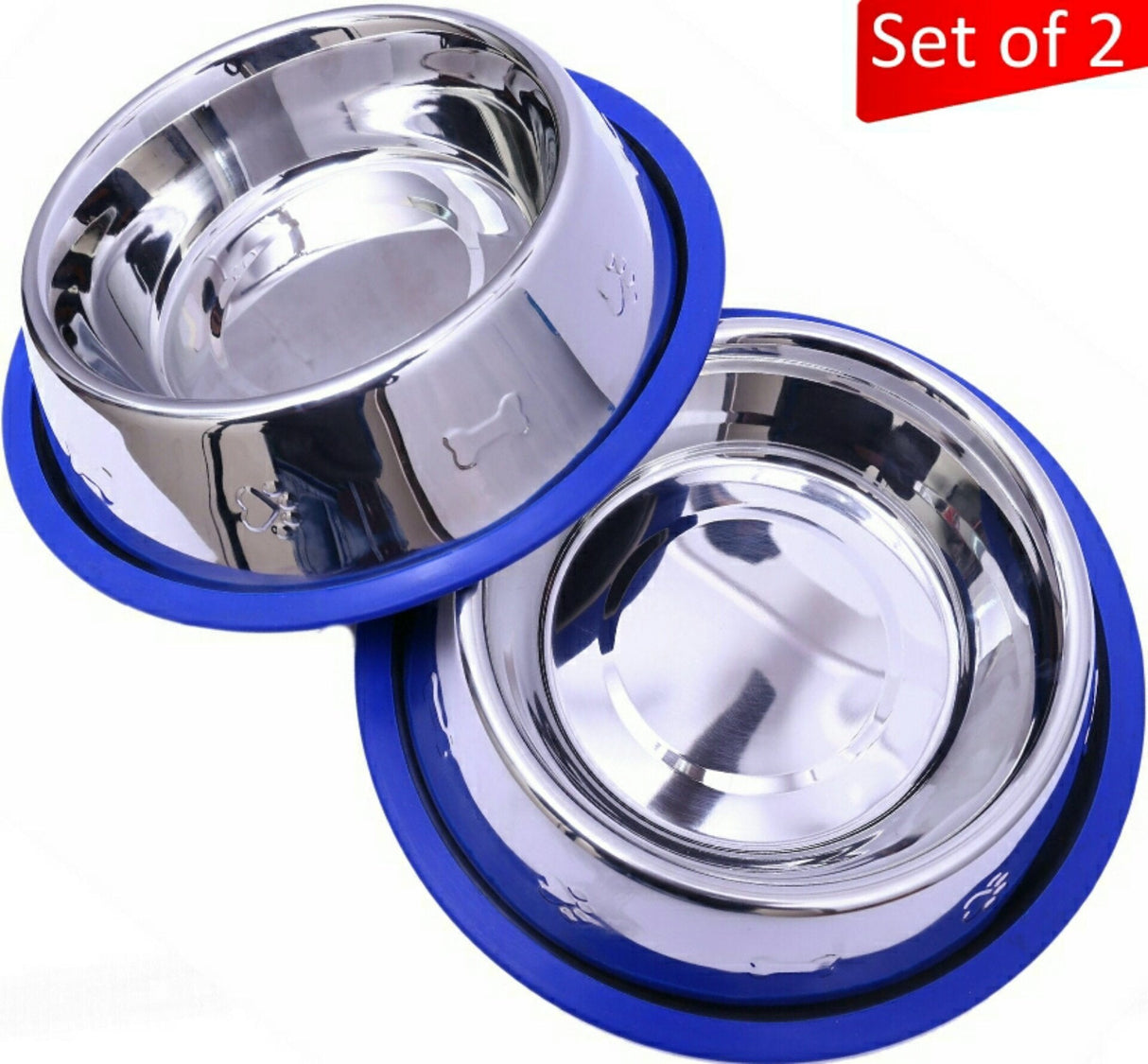Set of 2 Etched Stainless Steel Dog Bowls with Blue Silicone Base from Mr. Peanut's Pet Carriers
