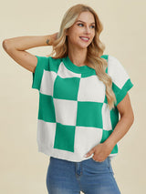 Double Take Full Size Checkered Round Neck Short Sleeve Sweater from Enfance-Heureuse