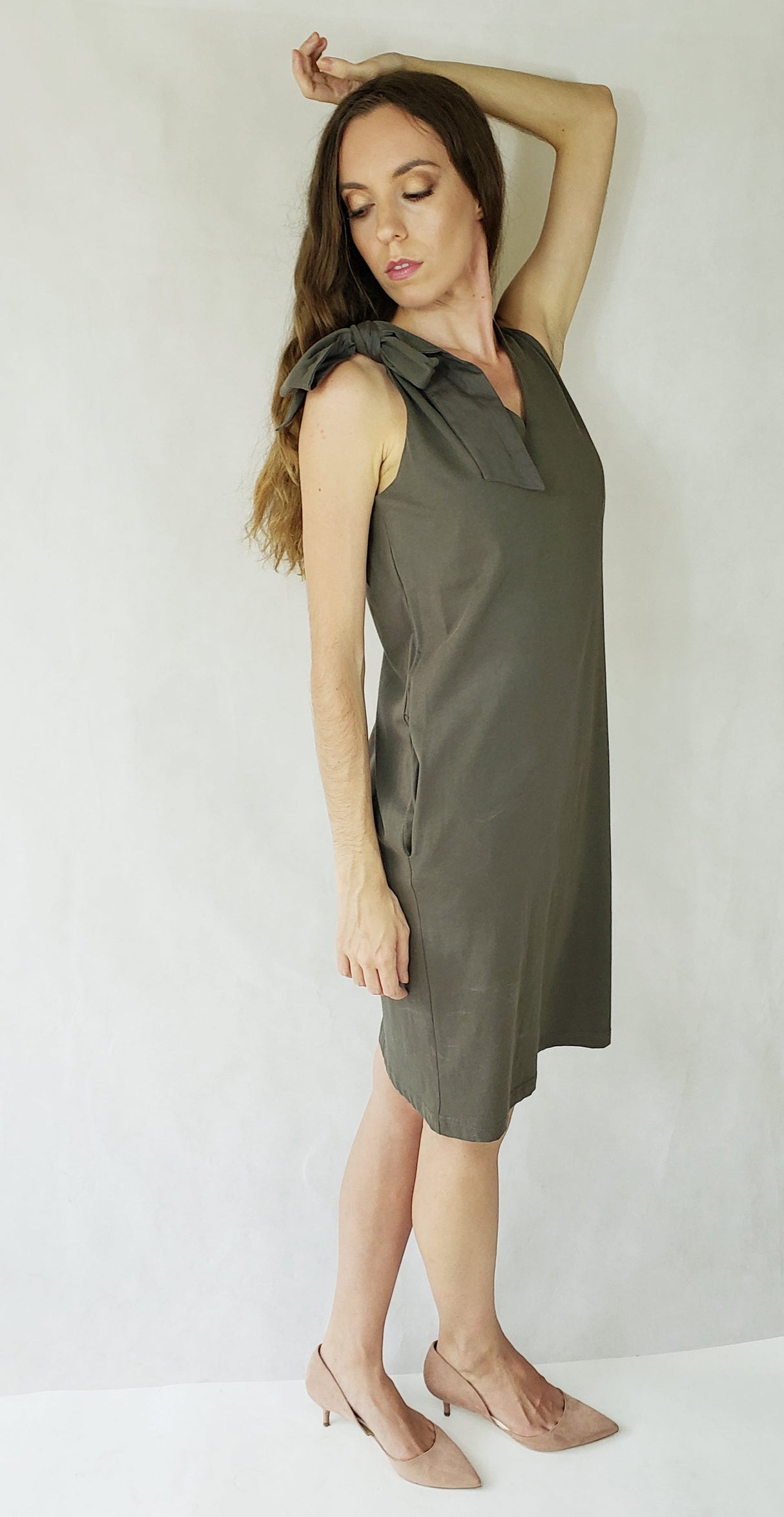 Jersey Dress Green one shoulder tie up with pockets from EBRU Home