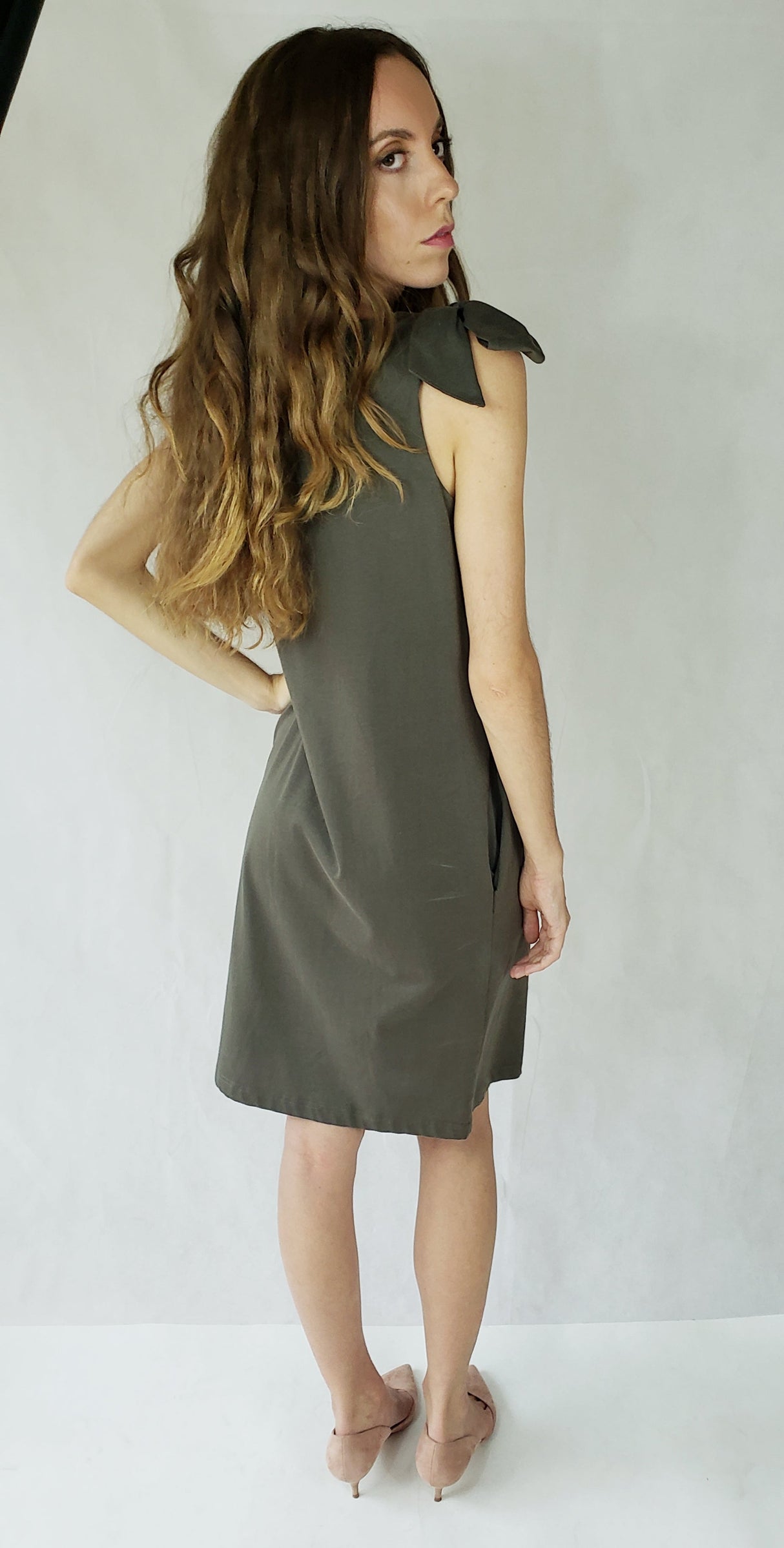 Jersey Dress Green one shoulder tie up with pockets from EBRU Home