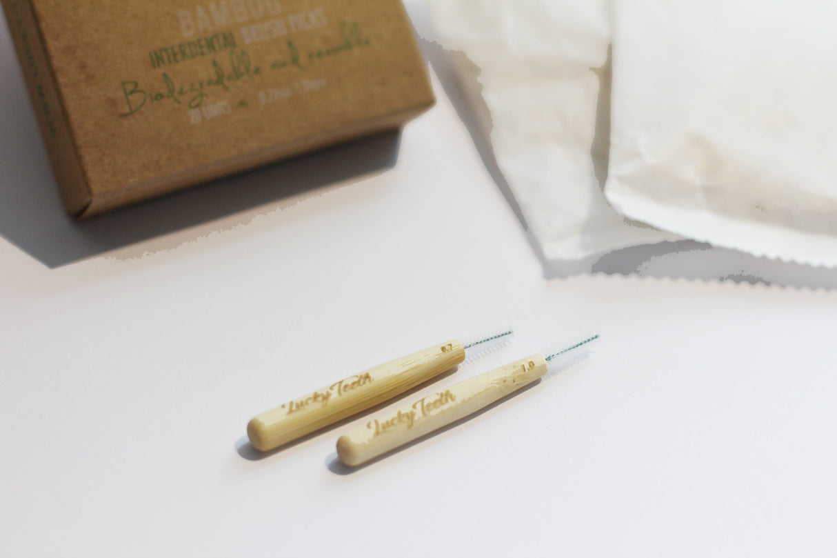 Reusable Bamboo Interdental Brush / Flossers. Part Compostable and Biodegradable. 0.7 mm & 1.0mm (20 pack) from Lucky Teeth