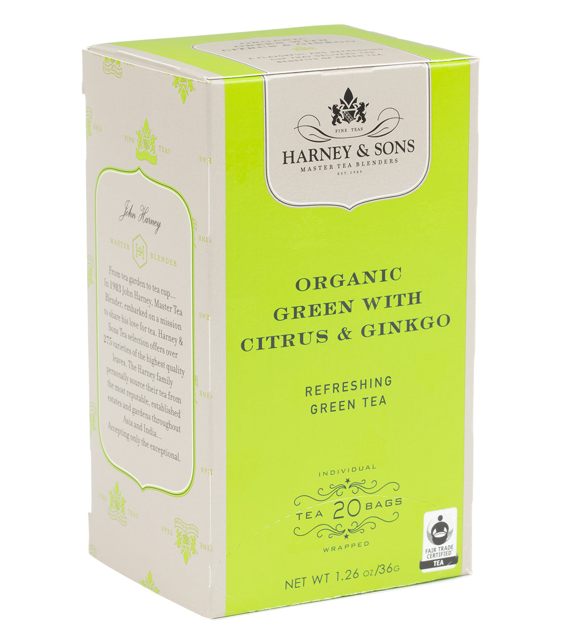 Organic Green with Citrus & Ginkgo, Box of 20 Premium Teabags from Harney & Sons Fine Teas