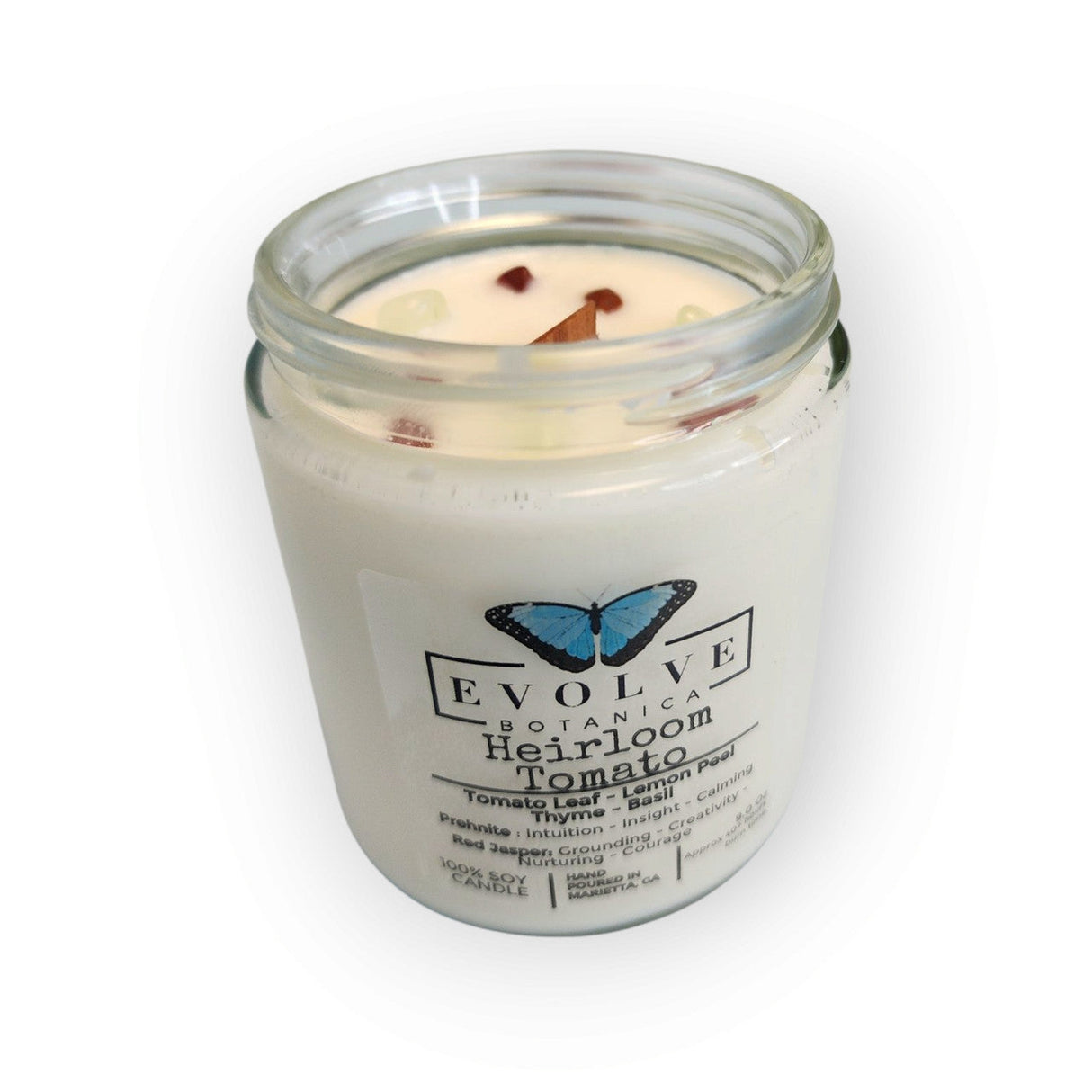 Classic 9oz Jam Jar Crystal Soy Candle - Heirloom Tomato (Prehnite & Red Jasper) from Evolve Botanica