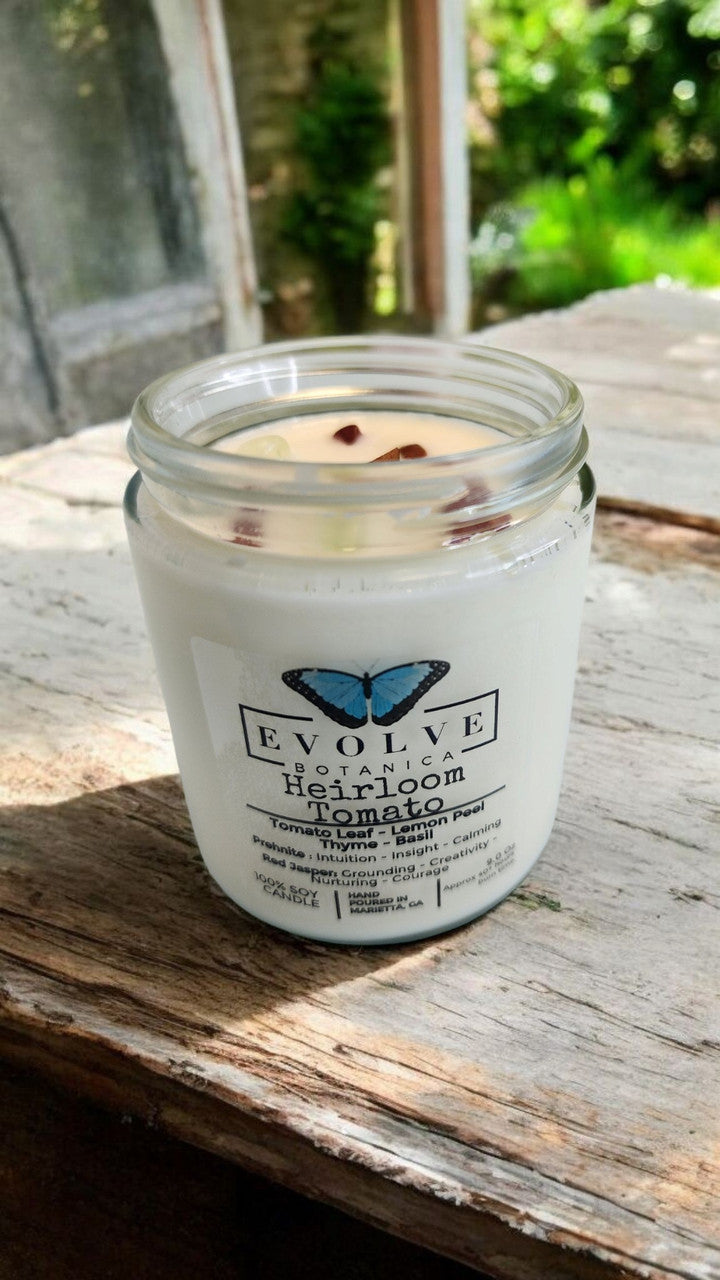 Classic 9oz Jam Jar Crystal Soy Candle - Heirloom Tomato (Prehnite & Red Jasper) from Evolve Botanica
