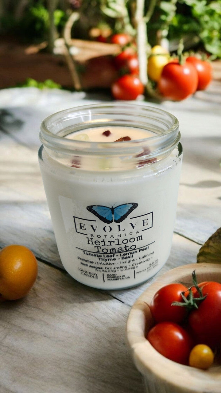Classic 9oz Jam Jar Crystal Soy Candle - Heirloom Tomato (Prehnite & Red Jasper) from Evolve Botanica