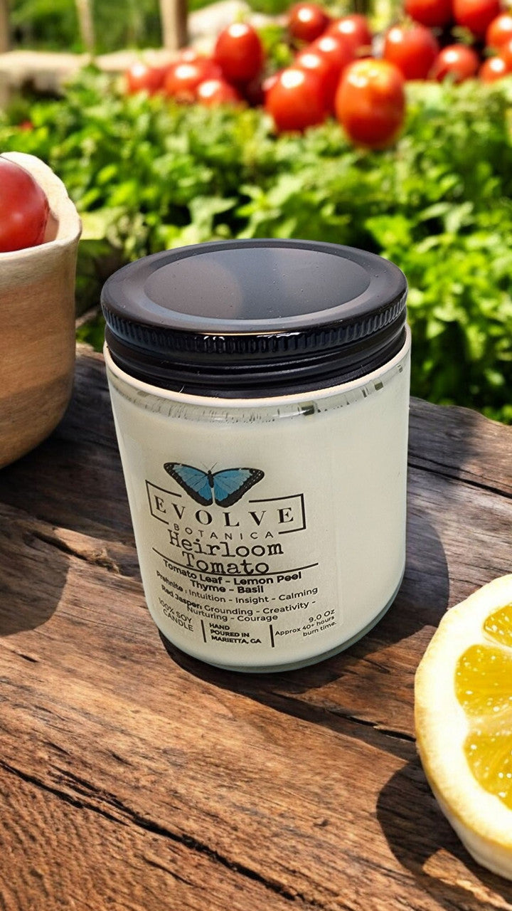 Classic 9oz Jam Jar Crystal Soy Candle - Heirloom Tomato (Prehnite & Red Jasper) from Evolve Botanica