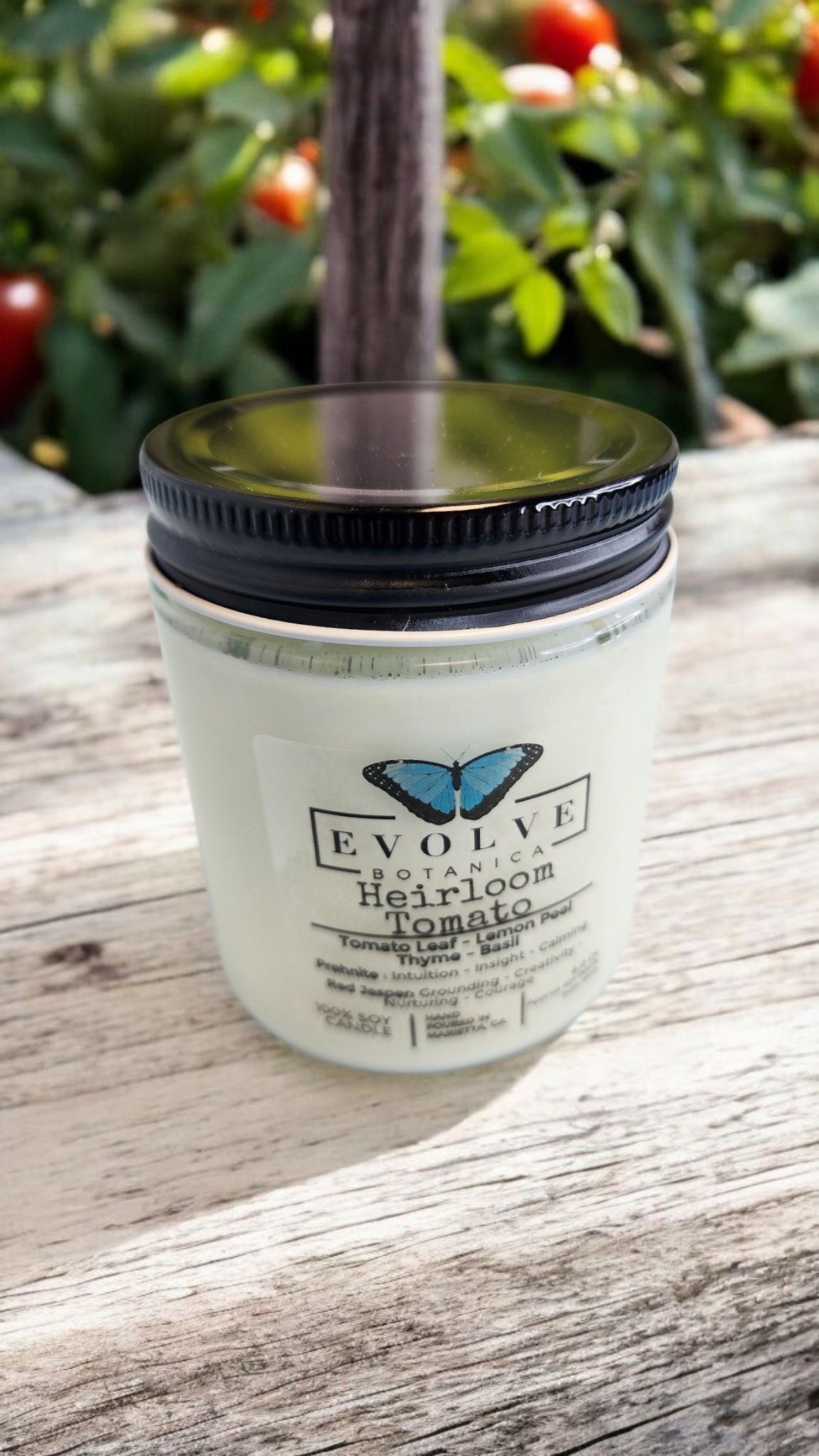 Classic 9oz Jam Jar Crystal Soy Candle - Heirloom Tomato (Prehnite & Red Jasper) from Evolve Botanica