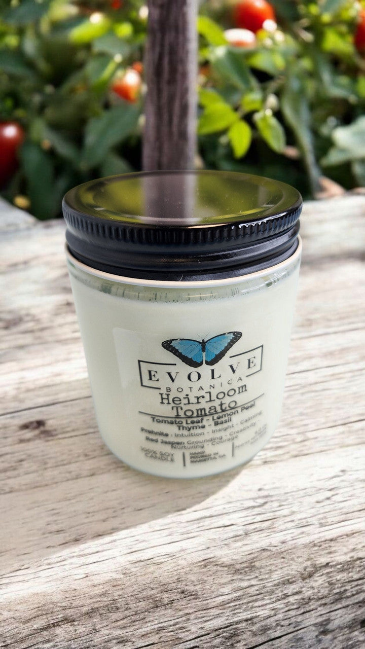 Classic 9oz Jam Jar Crystal Soy Candle - Heirloom Tomato (Prehnite & Red Jasper) from Evolve Botanica
