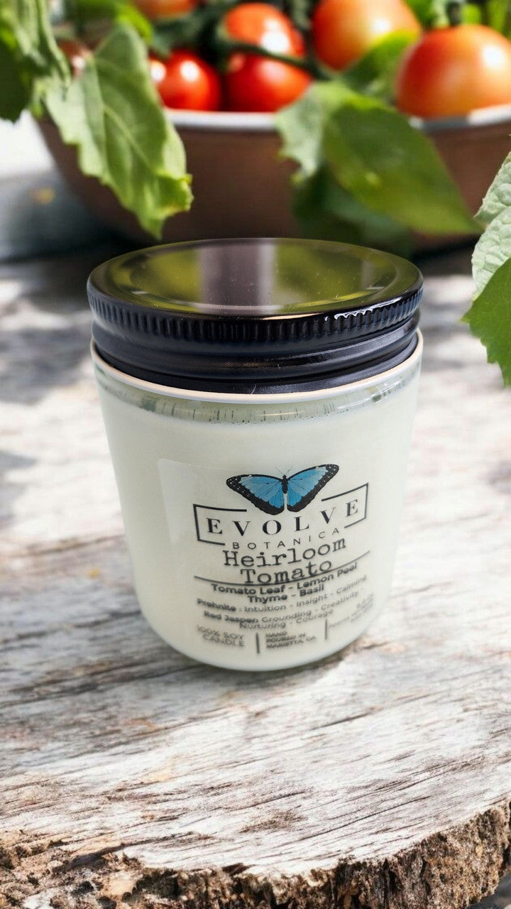 Classic 9oz Jam Jar Crystal Soy Candle - Heirloom Tomato (Prehnite & Red Jasper) from Evolve Botanica