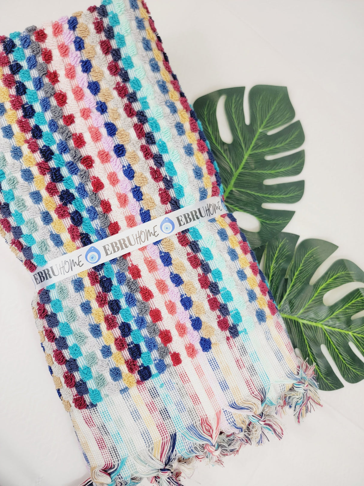 Bath Towels, Organic Turkish Cotton Pom Pom Towels in Pink multicolor