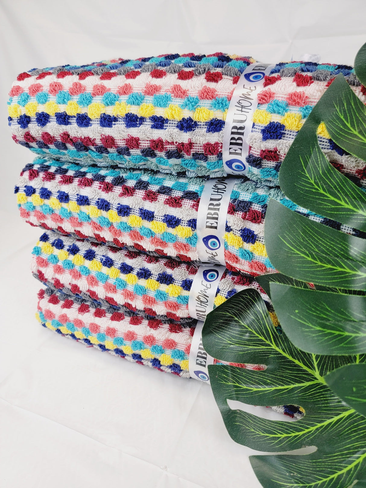 Bath Towels, Organic Turkish Cotton Pom Pom Towels in Red Multicolor