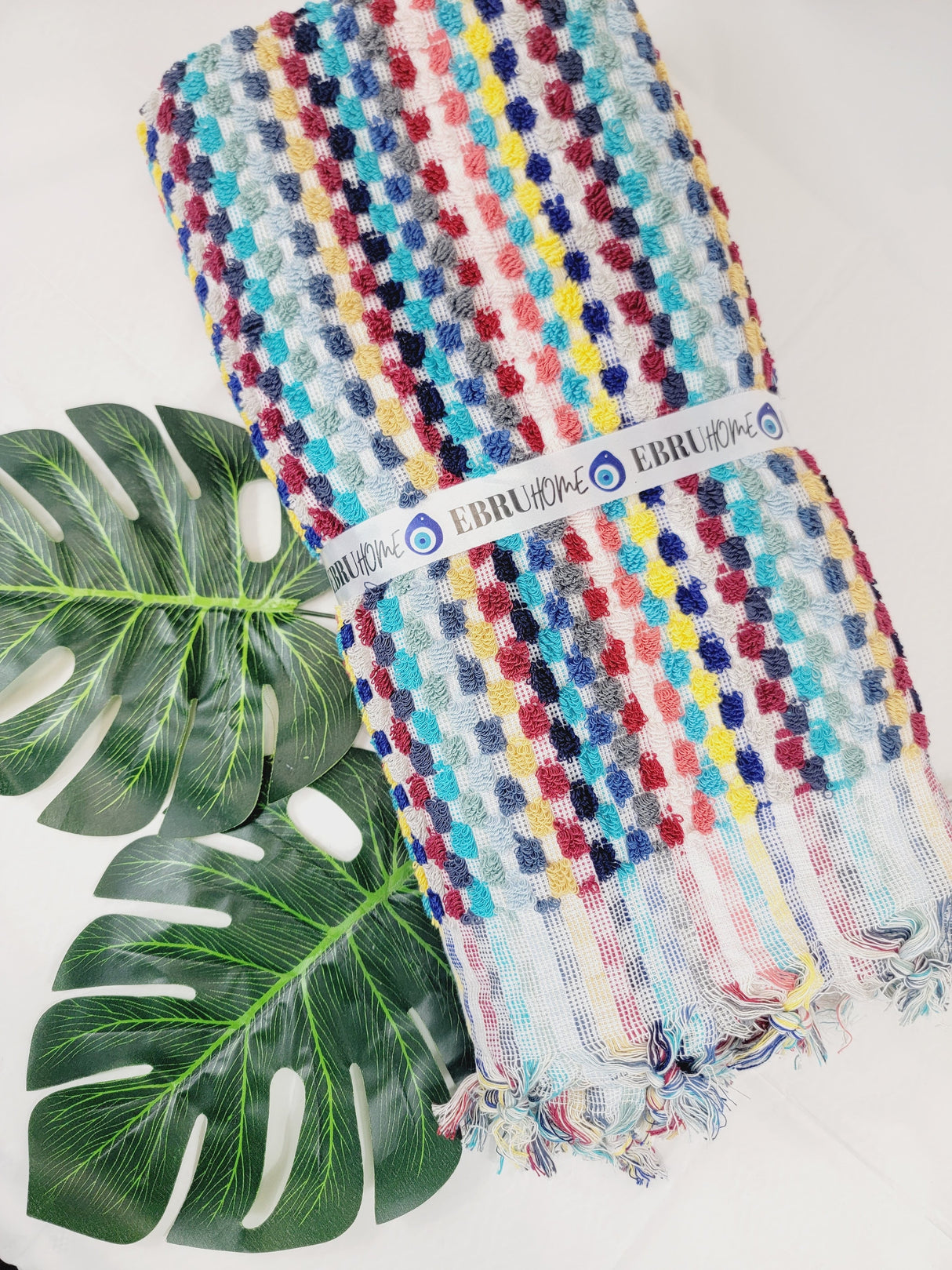 Bath Towels, Organic Turkish Cotton Pom Pom Towels in Red Multicolor