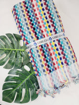 Bath Towels, Organic Turkish Cotton Pom Pom Towels in Red Multicolor