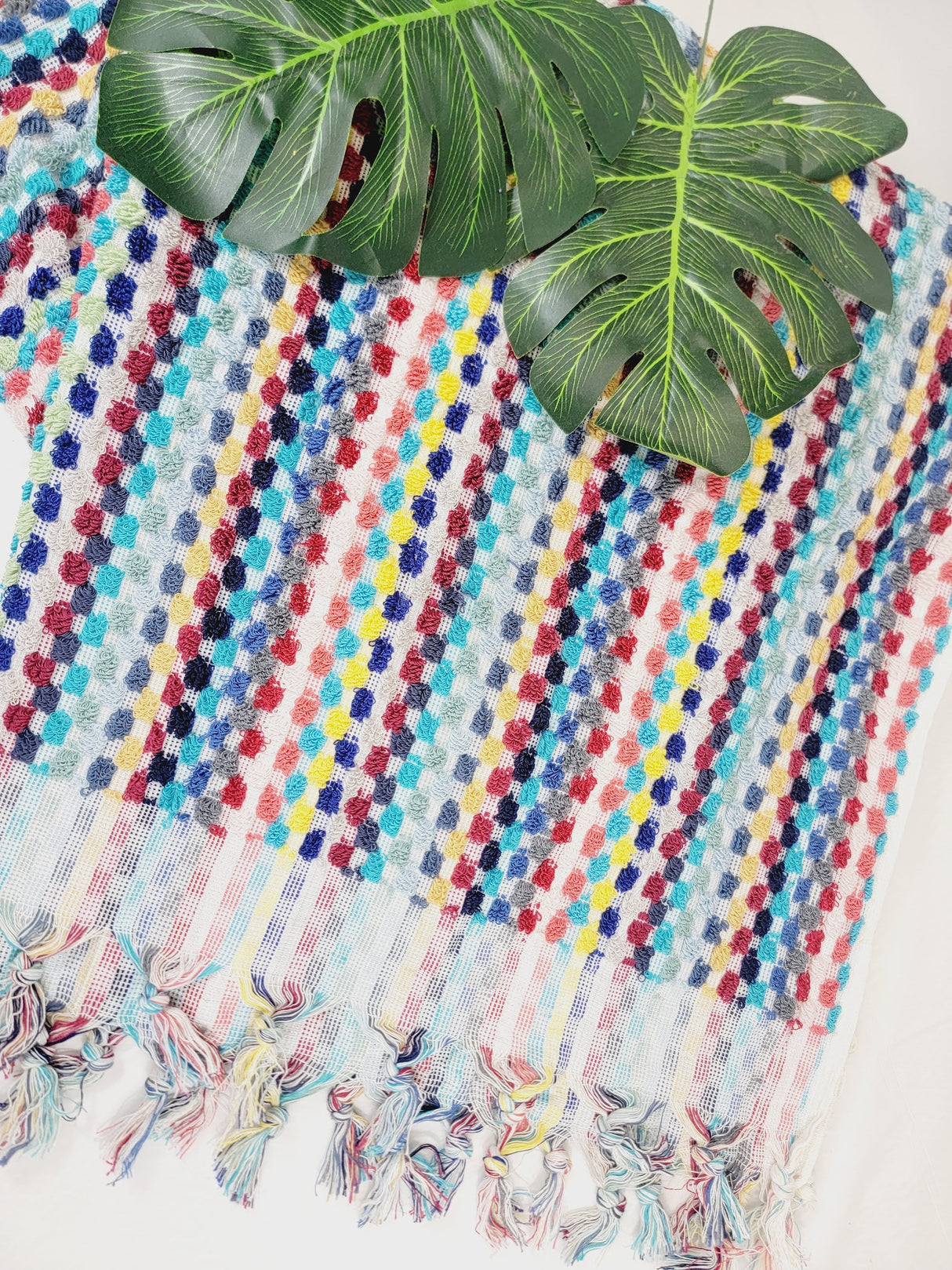 Bath Towels, Organic Turkish Cotton Pom Pom Towels in Red Multicolor