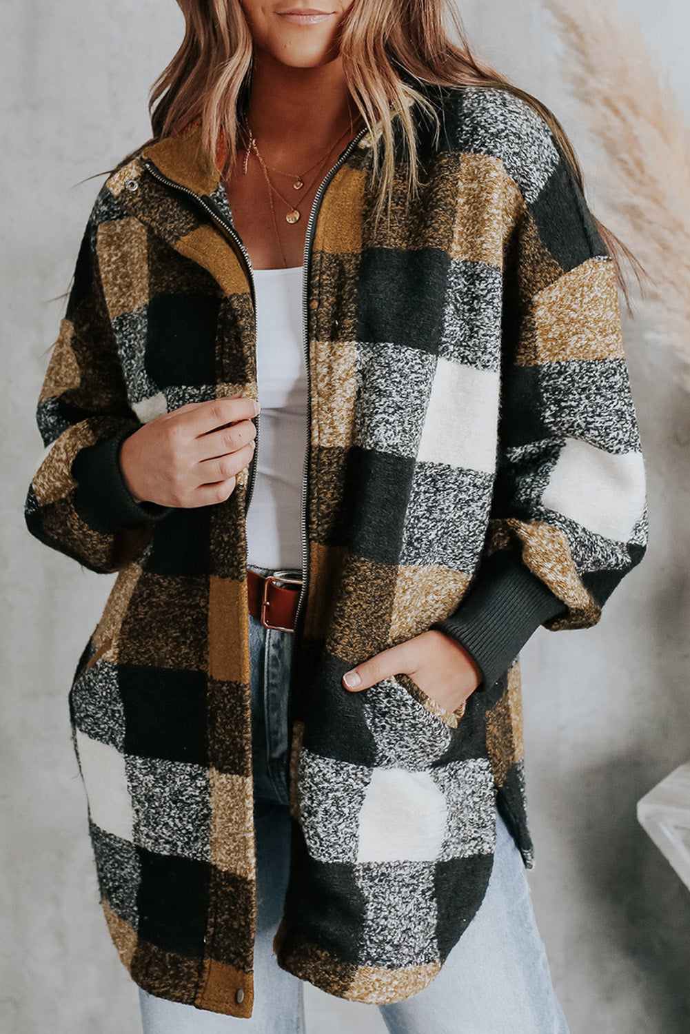 Black Zipper Side Pockets Plaid Overcoat from MsDressly