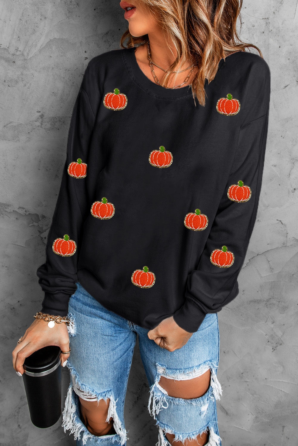 Black Halloween Pumpkin Graphic Drop Shoulder Sweatshirt from MsDressly