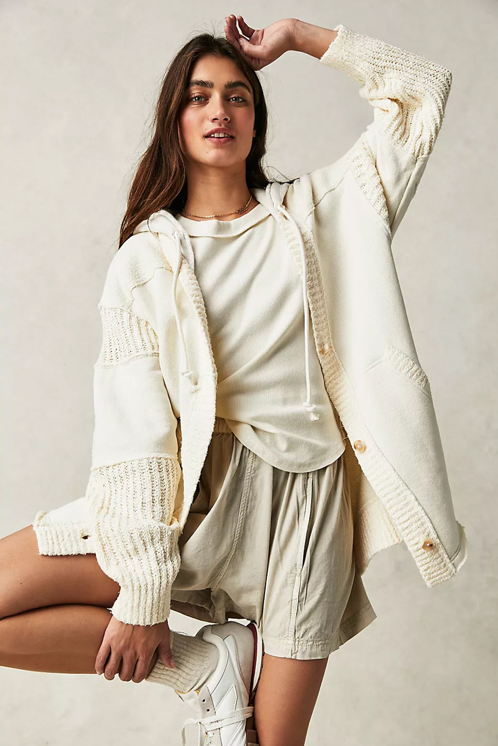 Beige Contrast Knit Patchwork Hooded Functional Coat From MsDressly
