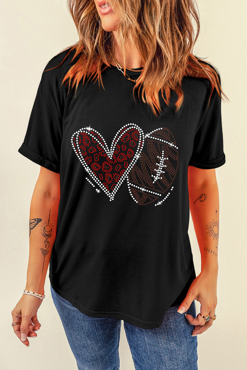 Black Rhinestone Rugby Football Heart Shape Graphic T Shirt from MsDressly