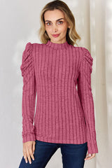Basic Bae Full Size Ribbed Mock Neck Puff Sleeve T-Shirt from Enfance-Heureuse