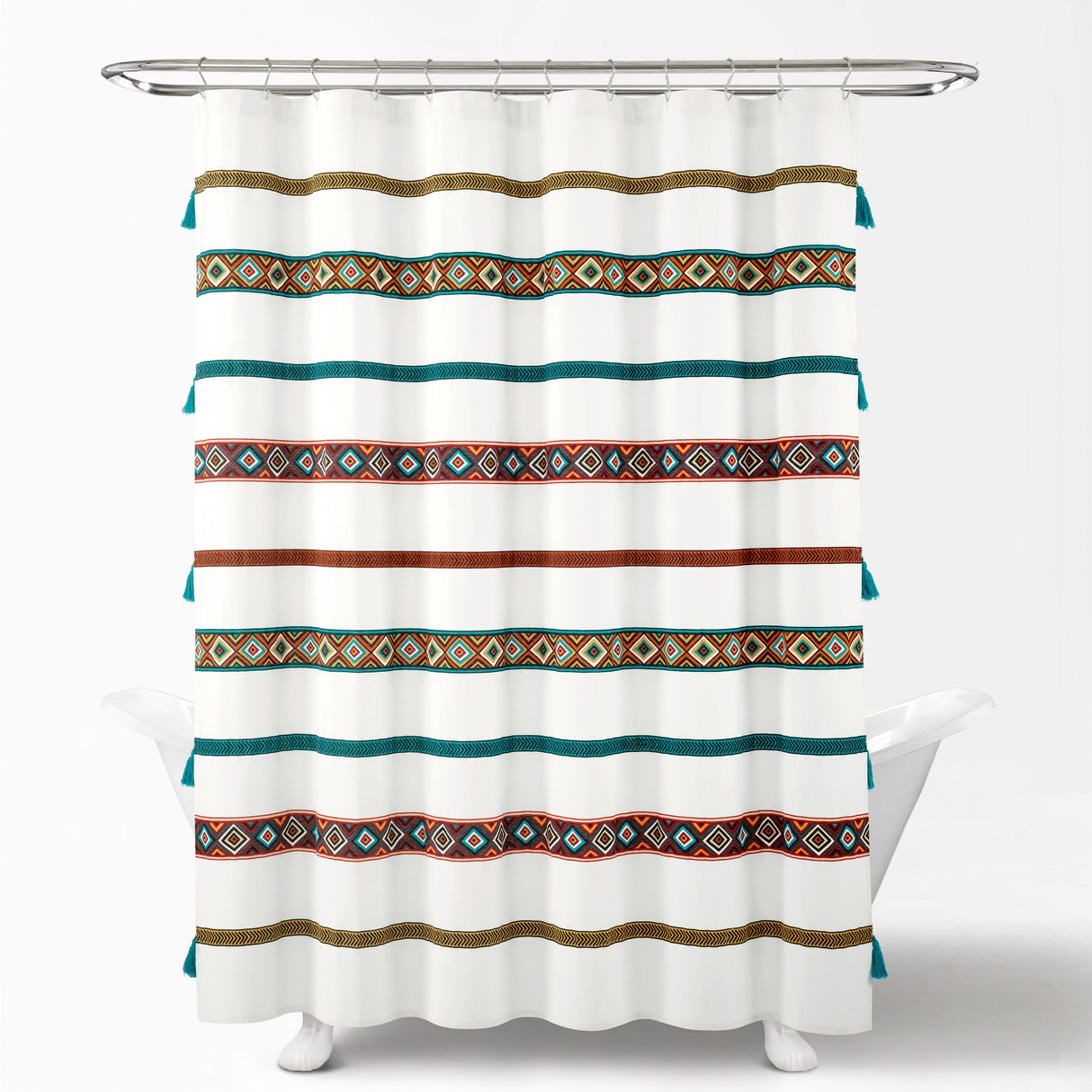 Ava Boho Stripe Tassel Yarn Dyed Recycled Cotton Shower Curtain from LushDecor