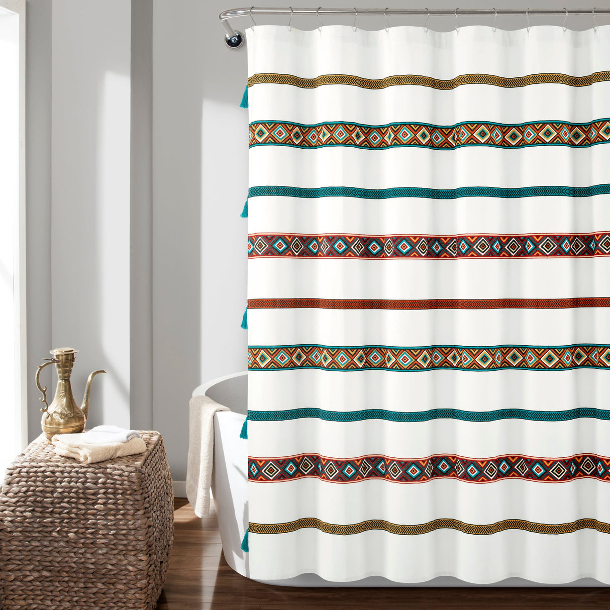 Ava Boho Stripe Tassel Yarn Dyed Recycled Cotton Shower Curtain from LushDecor