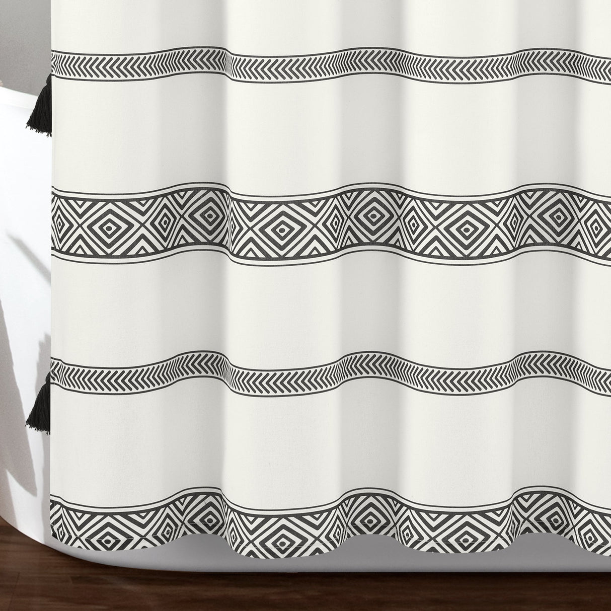 Ava Boho Stripe Tassel Yarn Dyed Recycled Cotton Shower Curtain from LushDecor