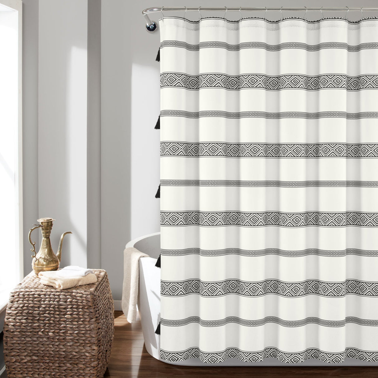 Ava Boho Stripe Tassel Yarn Dyed Recycled Cotton Shower Curtain from LushDecor