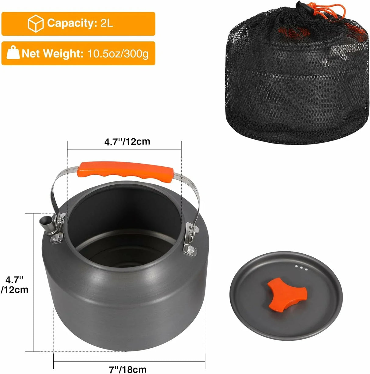 Aluminum Outdoor Camping Kettle with Carrying Bag, 0.8L/0.9L/1.4L/2L From Redcamp